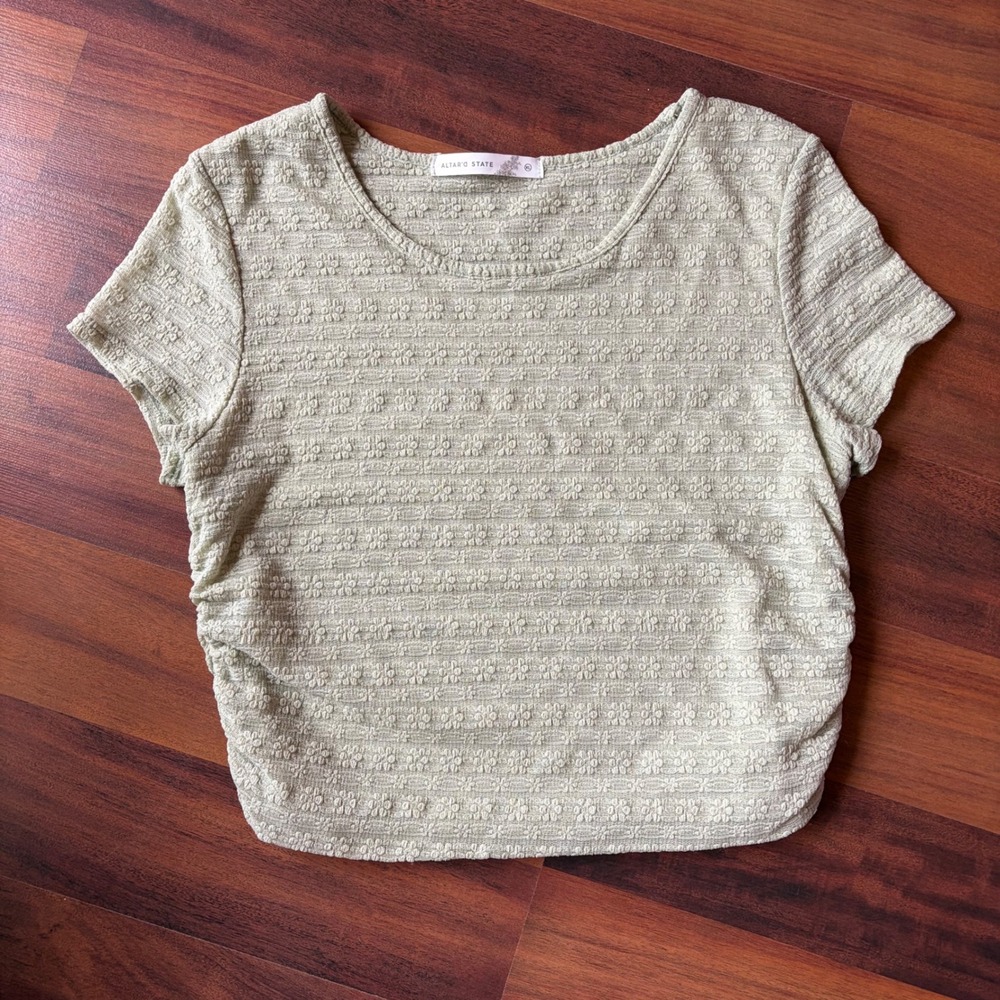 Altard State Sage Green Floral Textured Short Sleeve Top XL A2114K857JD